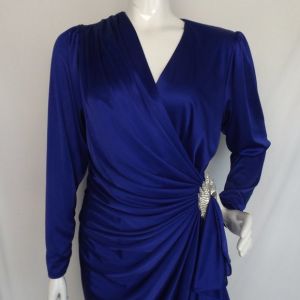 Wrap Dress, XS/S, Rich Blue, Gathered/Beaded hip, Long Ruched sleeve, V-neck - Fashionconservatory.com