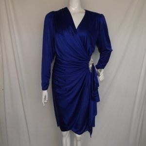 Wrap Dress, XS/S, Rich Blue, Gathered/Beaded hip, Long Ruched sleeve, V-neck