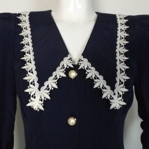 Blue Taffeta Midi Dress, XS, Crochet/Lace long collar, Navy Blue, Pearly buttons - Fashionconservatory.com