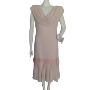 Pastel Pink Midi Dress, S/6, Drape neck, Lace Accent, Ties at neck 