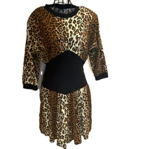 Vintage 1980's Leopard Animal Print Dress 3/4 Sleeve Size M