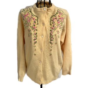 Vintage 1960's Embroidered Rosette Cardigan Sweater Yellow L