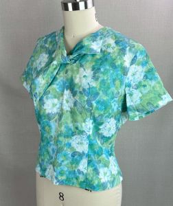 60s Blue Green Short Sleeve Blouse by Majorette, Sz 16 - Fashionconservatory.com