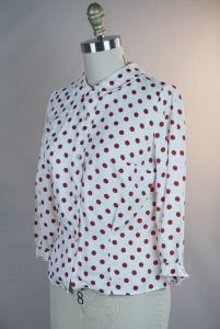 50s Nylon White and Red Polka Dot Blouse by Mardi Modes, B36 - Fashionconservatory.com