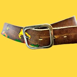 70s Hand Painted Mushroom Belt Latigo Leather Brass Buckle Size 28 Hippie Boho - Fashionconservatory.com