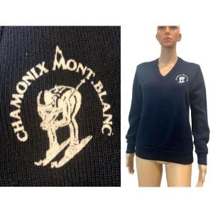 70s 80s Chamonix Mont Blanc V Neck Flocked Ski Sweater France