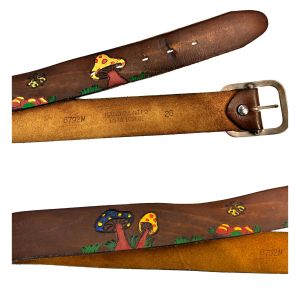 70s Hand Painted Mushroom Belt Latigo Leather Brass Buckle Size 28 Hippie Boho
