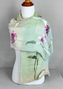 Vintage Silk and Rayon Mint Green and Beige Floral Reversible Scarf, Metropolitan Museum of Art