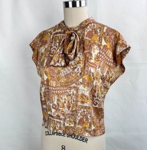 Vintage Beige and Tan Sleeveless Blouse, Medieval Pattern, Neck Bow