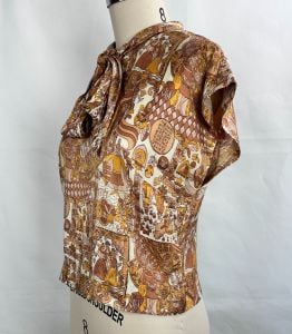 Vintage Beige and Tan Sleeveless Blouse, Medieval Pattern, Neck Bow - Fashionconservatory.com