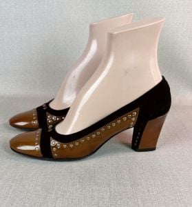 Vintage 70s Brown and Black, Patent Leather and Suede, Block Heel Shoes Mikelos, Athens Greece