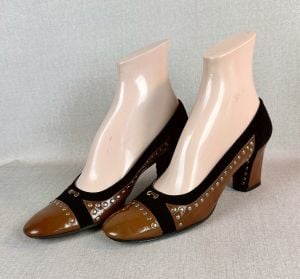 Vintage 70s Brown and Black, Patent Leather and Suede, Block Heel Shoes Mikelos, Athens Greece - Fashionconservatory.com