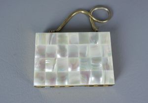 50s Mother of Pearl and Gold Minaudiere Compact Evening Bag - Fashionconservatory.com