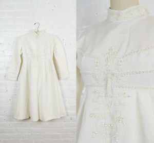 1960s Bianchi high neck beaded faille and lace short wedding gown or communion dress . xxs . pettite