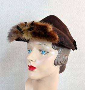 1940s Brown Felt Brimmed Hat with Mink Trim - Fashionconservatory.com