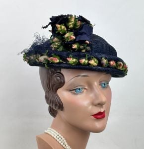 Vintage 50s Navy Blue Straw Bonnet with Silk Rosebuds, Smartwear Irving Saks - Fashionconservatory.com