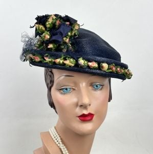 Vintage 50s Navy Blue Straw Bonnet with Silk Rosebuds, Smartwear Irving Saks