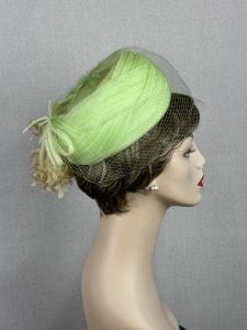 60s Mint Green Veiled Pillbox Hat w/ Chiffon and Silk Florals - Fashionconservatory.com