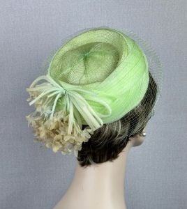 60s Mint Green Veiled Pillbox Hat w/ Chiffon and Silk Florals