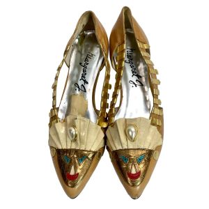 80s  Avant Garde Embellished Leather Shoes w Assemblage Face & Faux Pearls | Size 7 M