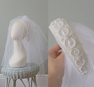 1980s/ 90s bridal headband with short layered veil with pearls