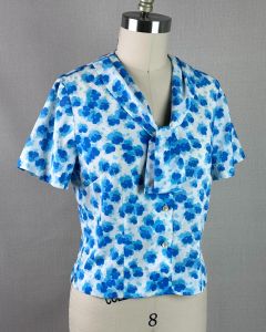 50s Blue and White Short Sleeve Button Front Blouse by Mode de Paris, B36 - Fashionconservatory.com