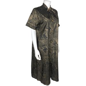 Vintage 1950s Morsam House Dress Gold Asian Print Ladies Size M L - Fashionconservatory.com