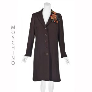MOSCHINO CHEAPANDCHIC Vintage Brown Wool Overcoat-Leather Flower Corsage-Pink Gingham Lining-SZ8-10