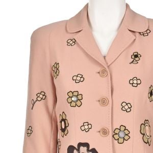 MOSCHINO CHEAPandCHIC Vntg Pink Wool Blazer with Brown Applique Flowers US 4-6 S - Fashionconservatory.com