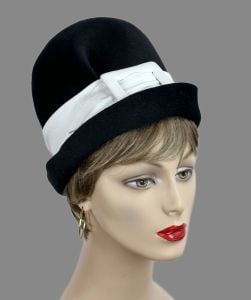 Vintage 70s Black Fur Felt Brimmed Cloche Hat with White Leather Buckle Hatband by Mr John Jr