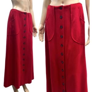 60s 70s Red Wool A-Line Maxi Skirt w Pockets - Fashionconservatory.com