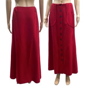 60s 70s Red Wool A-Line Maxi Skirt w Pockets