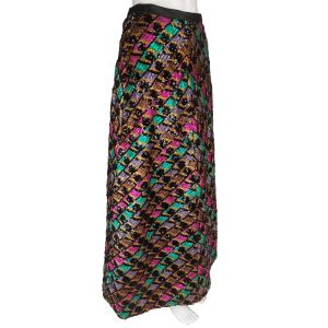 Vintage 1960s 70s Long Skirt Metallic Foil Colour Block w Black Sequins - Fashionconservatory.com