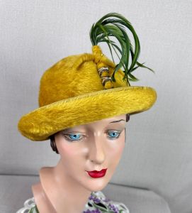 60s Mustard Color Faux Fur Derby Style Hat with Curled Brim and Green Feathers by Michael Terre