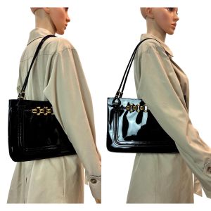 70s Black Patent Shoulder Bag Gold Chain Detail - Fashionconservatory.com