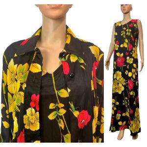 70s Black with Red & Yellow Floral Maxi Dress & Shirt Jacket Set  - Fashionconservatory.com