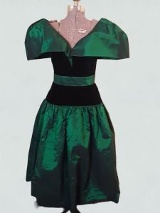 1980's Victor Costa for Lord and Taylor Black Velvet & Emerald Green Taffeta Statement Sleeve Dress