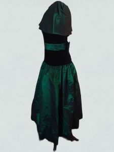 1980's Victor Costa for Lord and Taylor Black Velvet & Emerald Green Taffeta Statement Sleeve Dress - Fashionconservatory.com