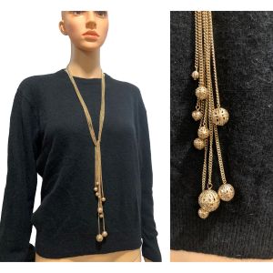 60s 70s Long Gold Multi Chain Necklace with Filigree Balls 