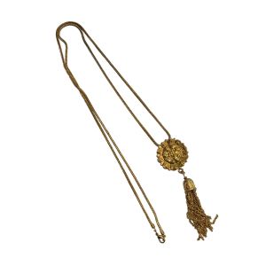 80s 90s Long Gold Medallion Necklace Pendant w Tassel Chains  - Fashionconservatory.com