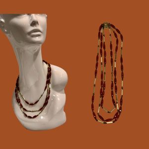60s Triple Strand Rust Tone Glass Bead & Gold Necklace