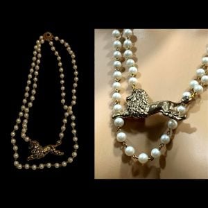 Vintage Double Strand Faux Pearl Necklace w Large Poodle & Fancy Clasp