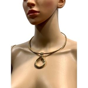 70s Modernist Gold Hoop Choker Necklace w Drop Pendant  - Fashionconservatory.com