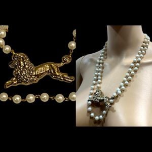 Vintage Double Strand Faux Pearl Necklace w Large Poodle & Fancy Clasp - Fashionconservatory.com