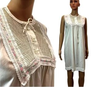 60s White Nightgown Nightie with Lace & Embroidery Bib Semi Sheer   - Fashionconservatory.com