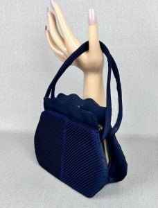 Vintage 50s Navy Blue Pleated Faille Handbag