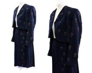1940s Gabardine Suit - Navy Wool Exceptional 40s Bolero Jacket & Wrap Skirt with Satin Grapes Studs - Fashionconservatory.com