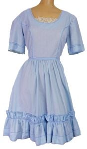 Vintage 70s Rockabilly Dress Baby Blue Cotton Dotted Swiss Prairie Western Square Dance Circle Skirt