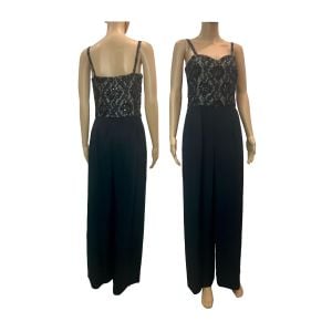 Black Wide Leg Jumpsuit w Lace Beads and Sequins | XSmall - Fashionconservatory.com