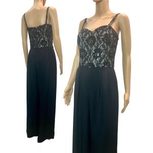 Black Wide Leg Jumpsuit w Lace Beads and Sequins | XSmall